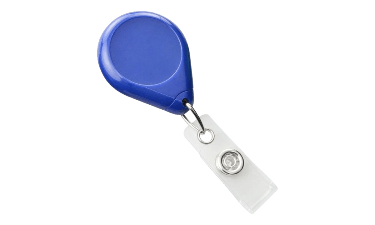 Blauwe premium jojo-badgehouder met vinyl bandje en clip