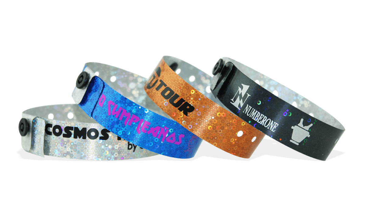 Holografische polsbandjes, 19mm, glitter metallic patroon, met een 1 kleur afdruk